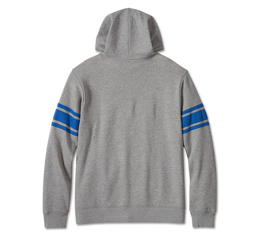 Grey kangaroo pocket hoodie with bright blue Harley-Davidson logo and stripes