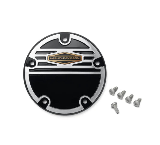 Silver circle clutch medallion cover with black detailed and gold Harley-Davidson logo