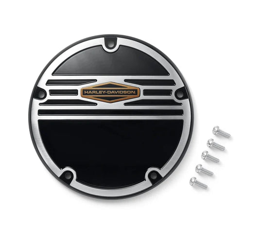 Silver circle derby cover with black detailed and gold Harley-Davidson logo