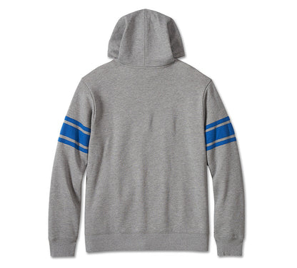 Grey kangaroo pocket hoodie with bright blue Harley-Davidson logo and stripes
