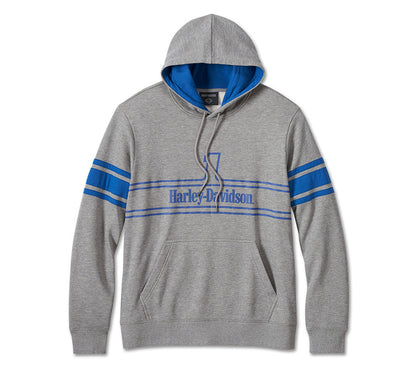 Grey kangaroo pocket hoodie with bright blue Harley-Davidson logo and stripes