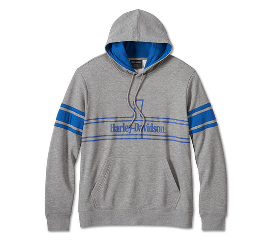 Grey kangaroo pocket hoodie with bright blue Harley-Davidson logo and stripes