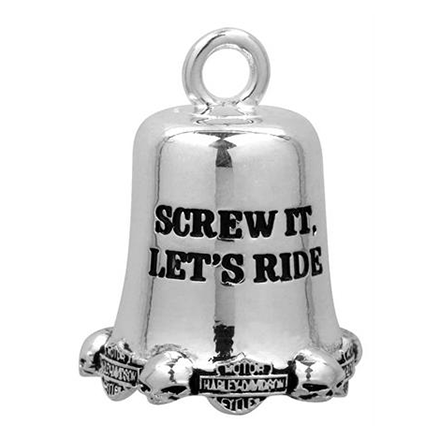 Silver guardian bell with black 'Screw it, Let's Ride' Script. Small Bar & Shields and Willie G Skulls lining the bottom edge