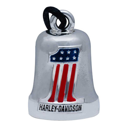 Silver ride bell with with embossed #1 American Flag and 'Harley-Davidson' below.